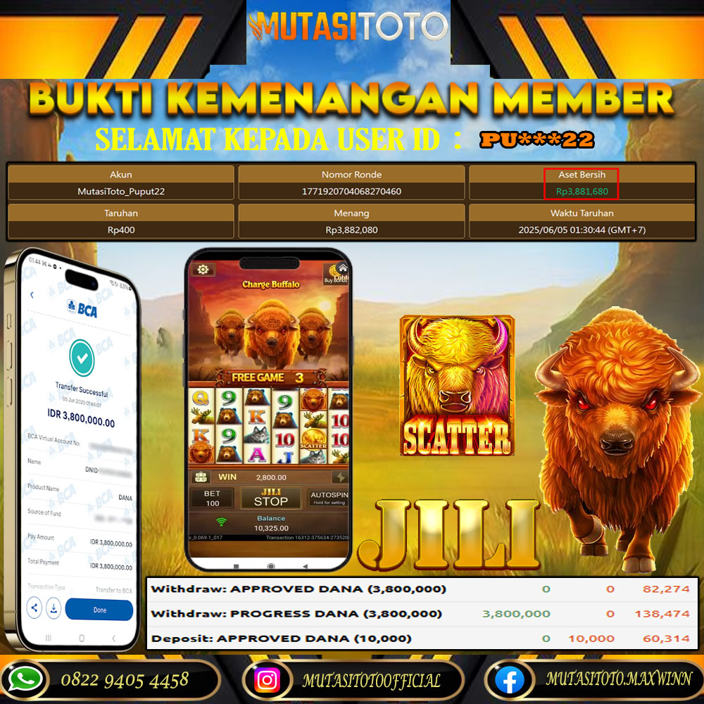 BUKTI KEMENANGAN MEMBER BERMAIN DI JILI GAMING – 3 CHARGE BUFFALO