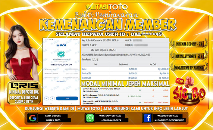 BUKTI KEMENANGAN MEMBER BERMAIN DI LIVE PRAGMATIC PLAY – CASINO MEGA SICBO
