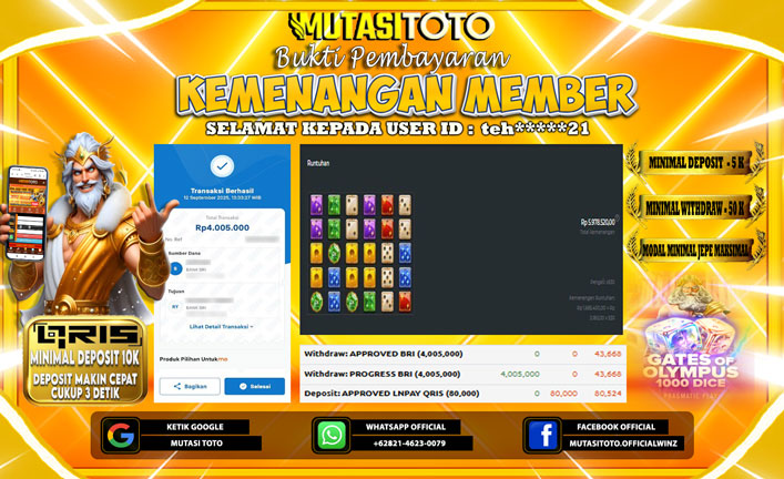 KEMENANGAN MEMBER BERMAIN DI GATES OF OLYMPUS 1000 DICE