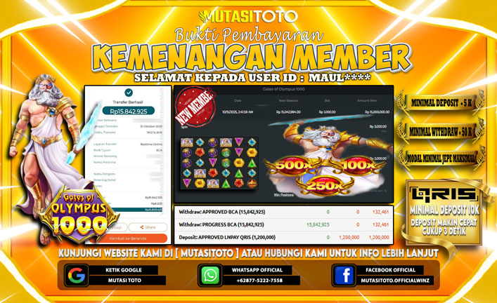 KEMENANGAN MEMBER BERMAIN DI GATES OF OLYMPUS 1000